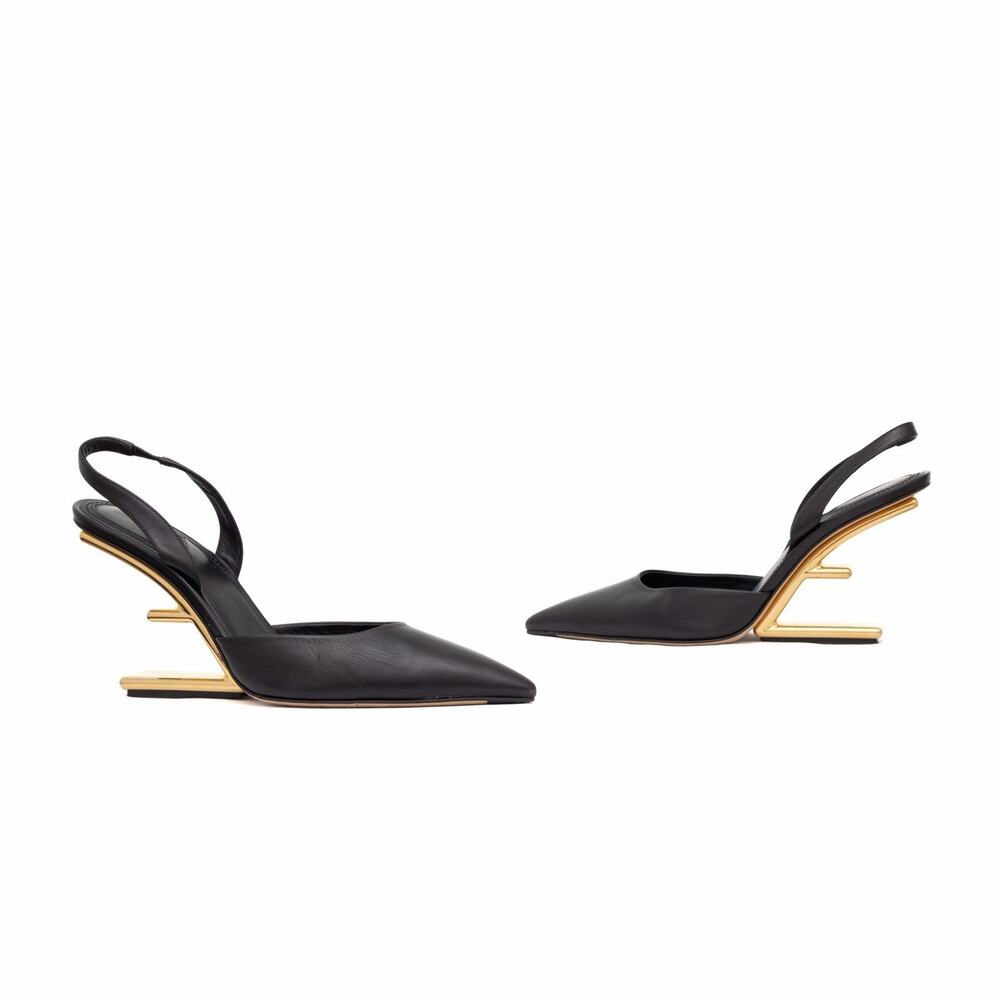 $1,500 FENDI First Black Leather Gold F Heel Slingback Pumps EU 40 US 9